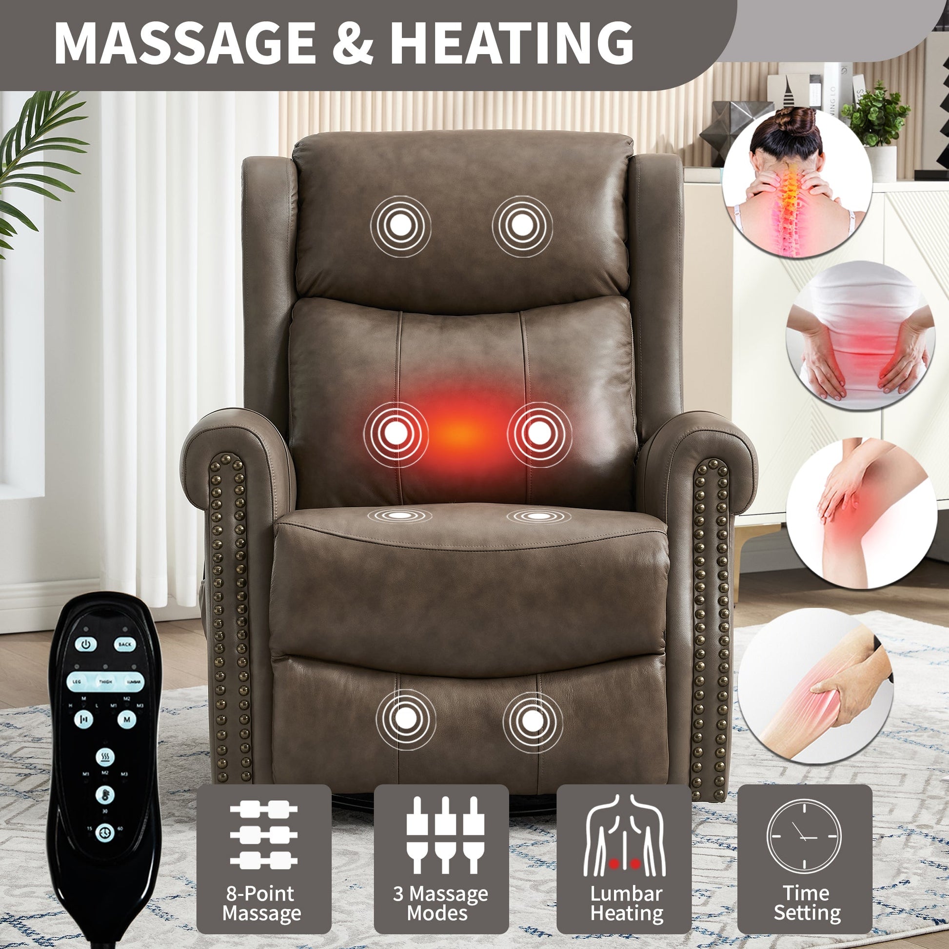 Heat Massage Manual Recliner Chair with Rocker and Swivel in Genuine leather for Living Room - 1st Choice Furniture Direct