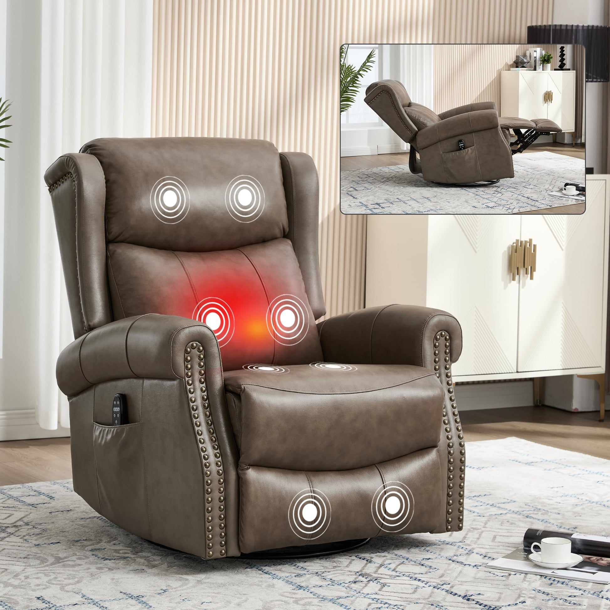 Heat Massage Manual Recliner Chair with Rocker and Swivel in Genuine leather for Living Room - 1st Choice Furniture Direct
