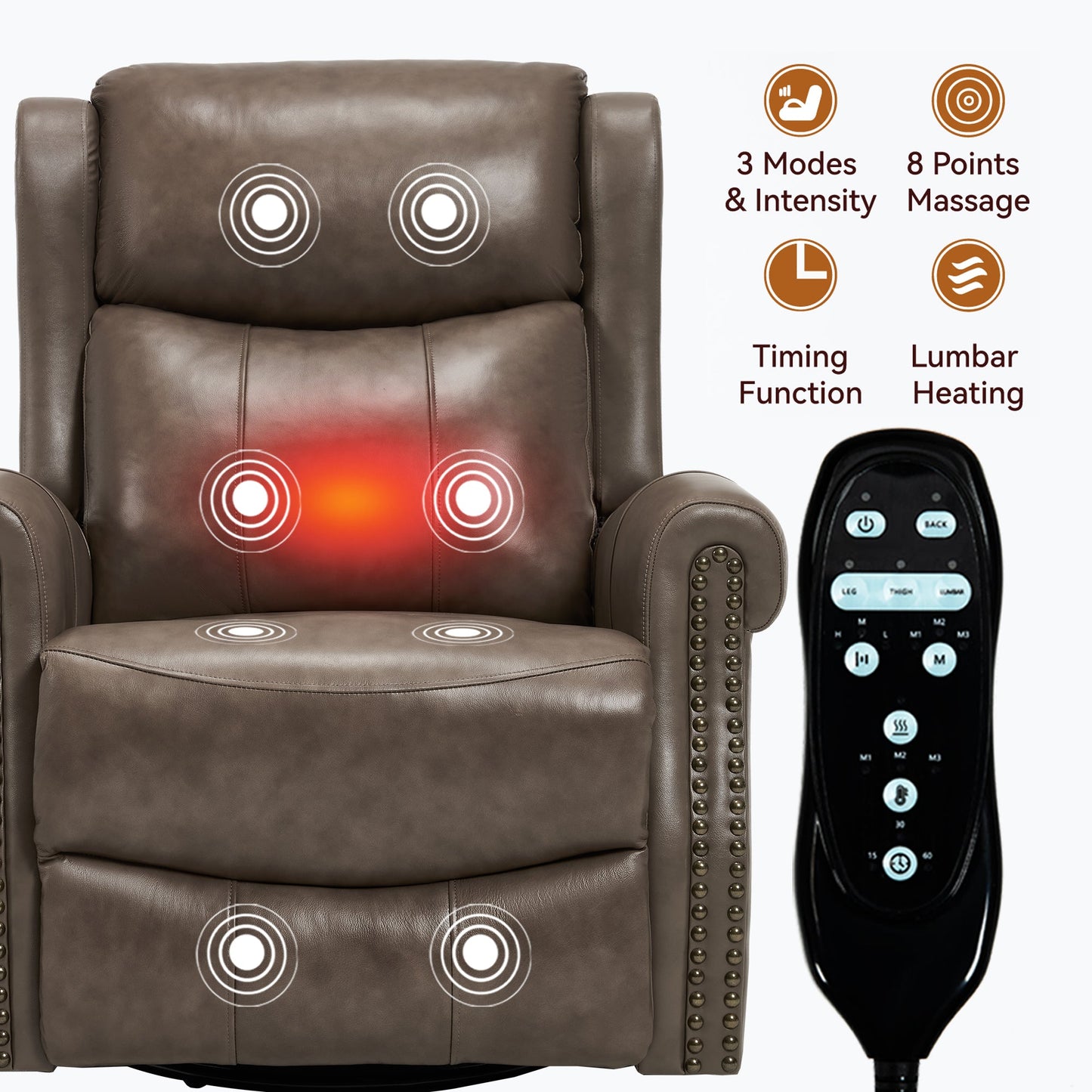 Heat Massage Manual Recliner Chair with Rocker and Swivel in Genuine leather for Living Room - 1st Choice Furniture Direct