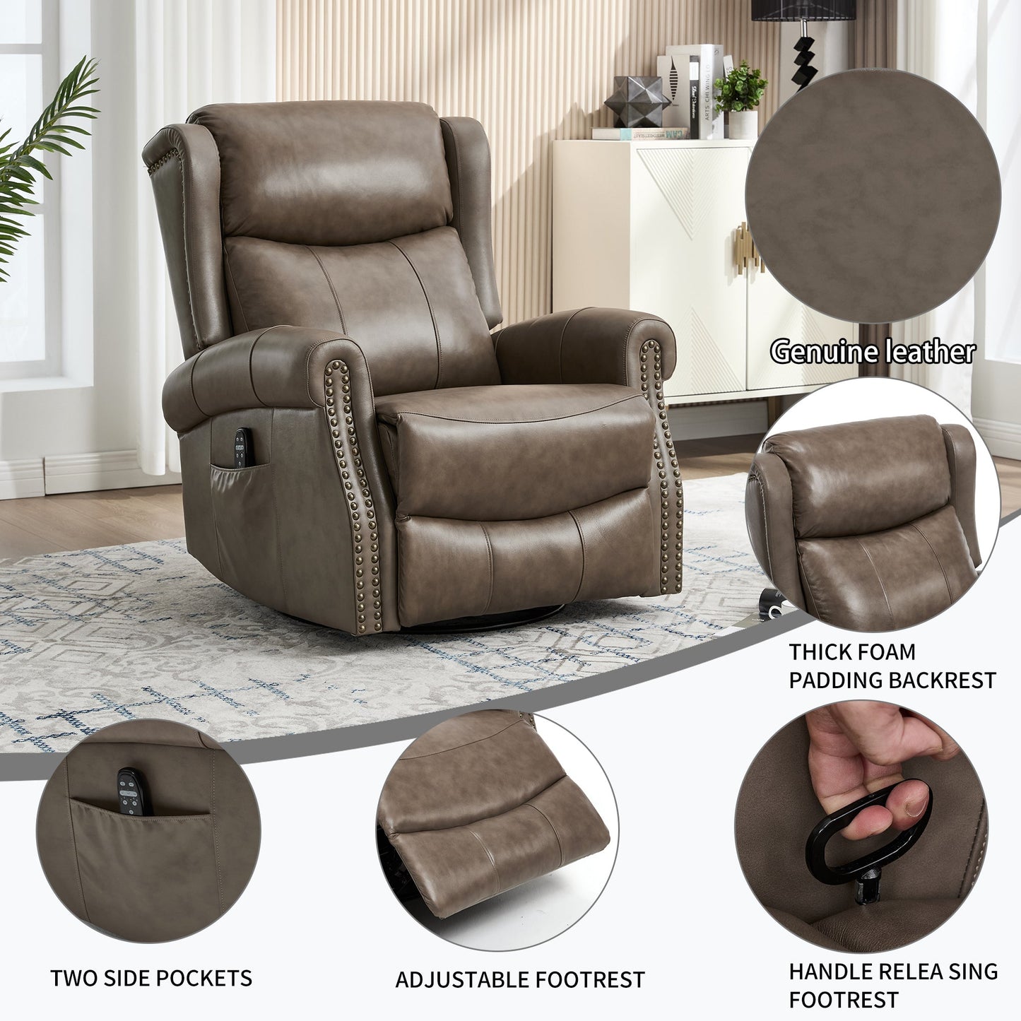 Heat Massage Manual Recliner Chair with Rocker and Swivel in Genuine leather for Living Room - 1st Choice Furniture Direct