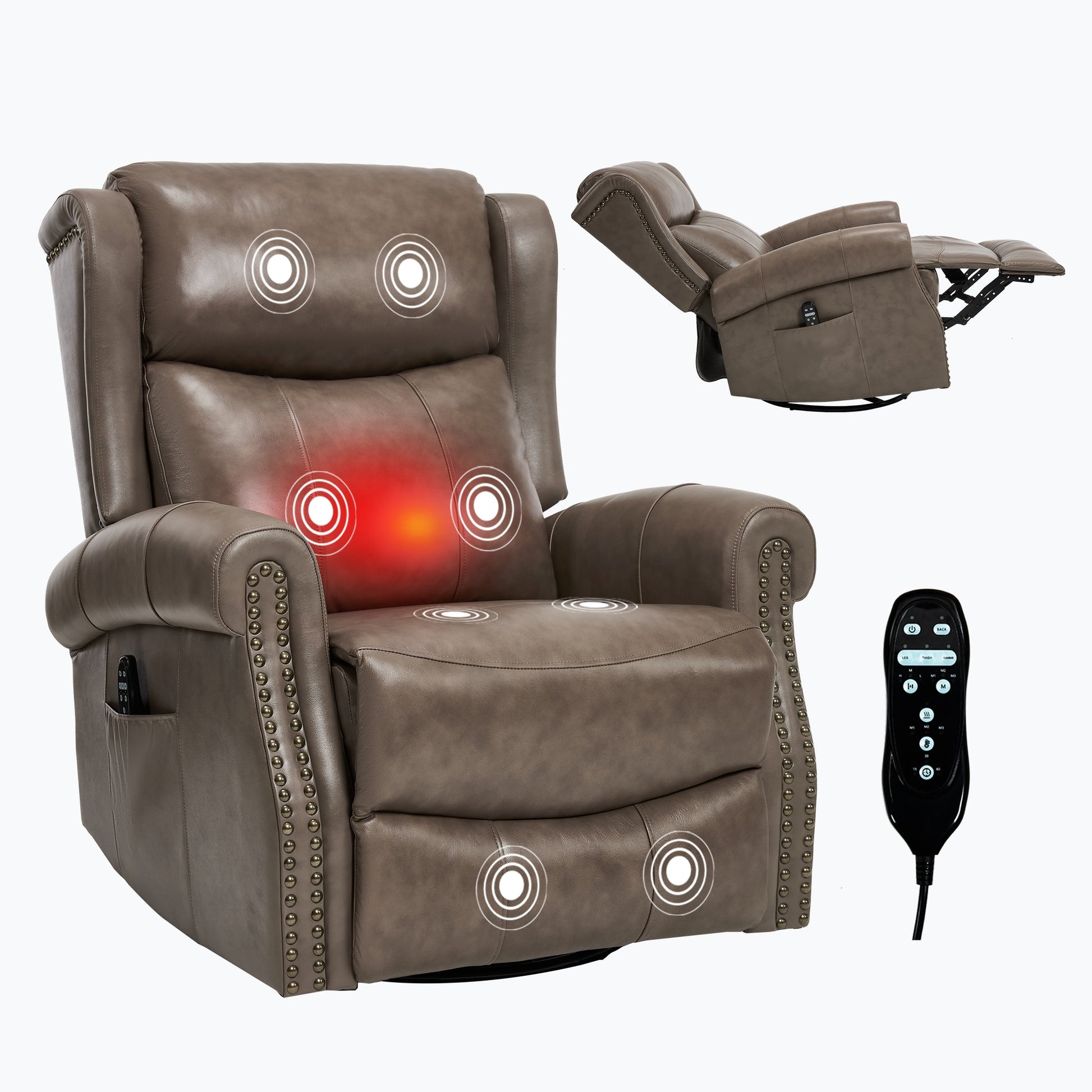Heat Massage Manual Recliner Chair with Rocker and Swivel in Genuine leather for Living Room - 1st Choice Furniture Direct