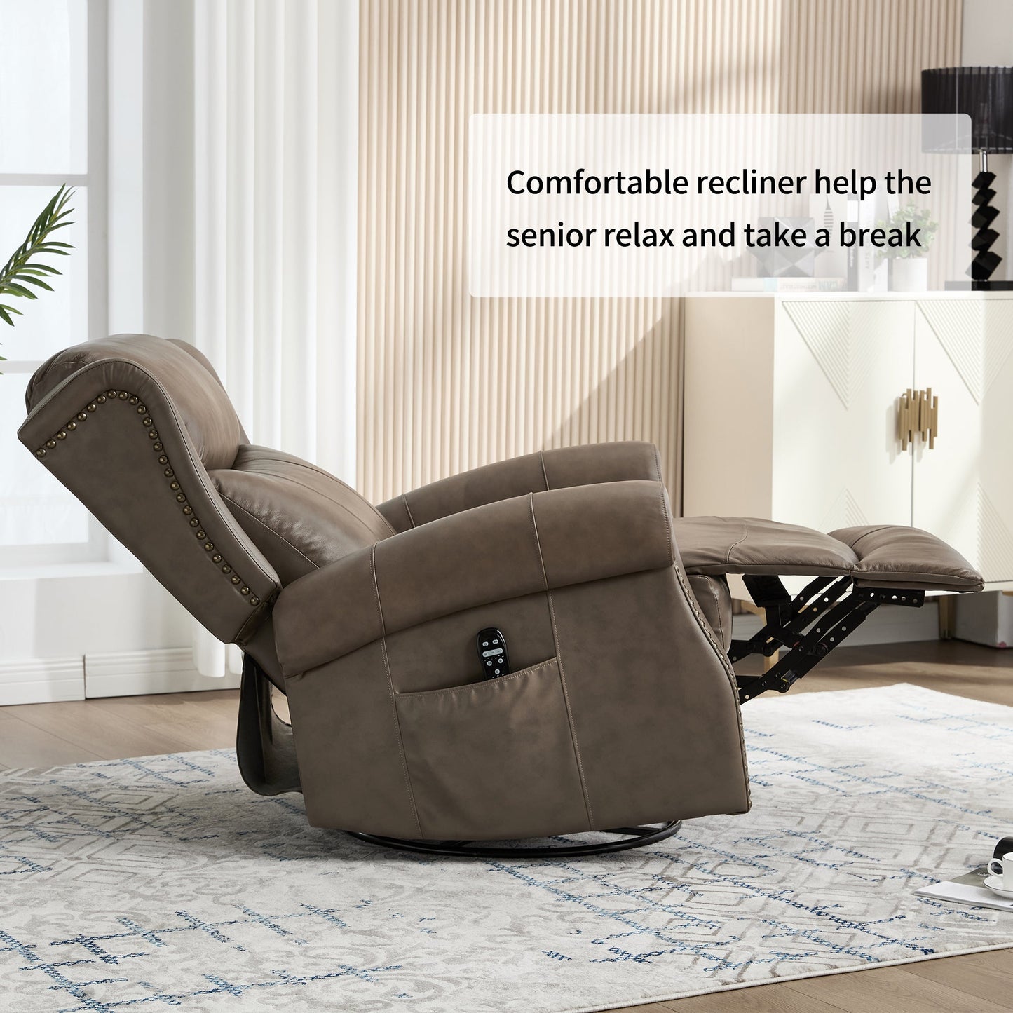 Heat Massage Manual Recliner Chair with Rocker and Swivel in Genuine leather for Living Room - 1st Choice Furniture Direct