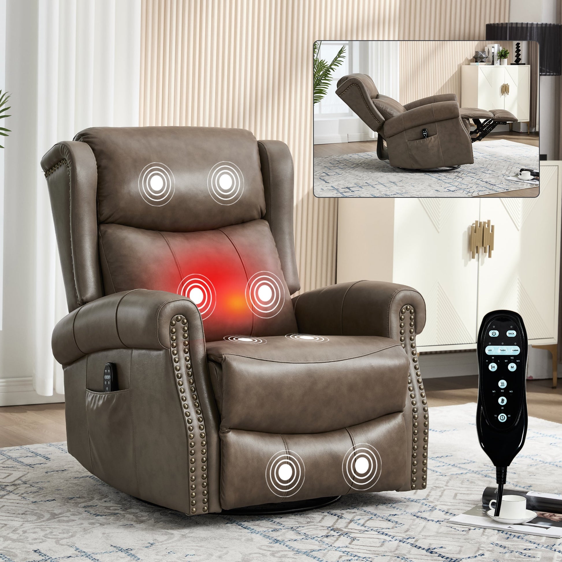 Heat Massage Manual Recliner Chair with Rocker and Swivel in Genuine leather for Living Room - 1st Choice Furniture Direct