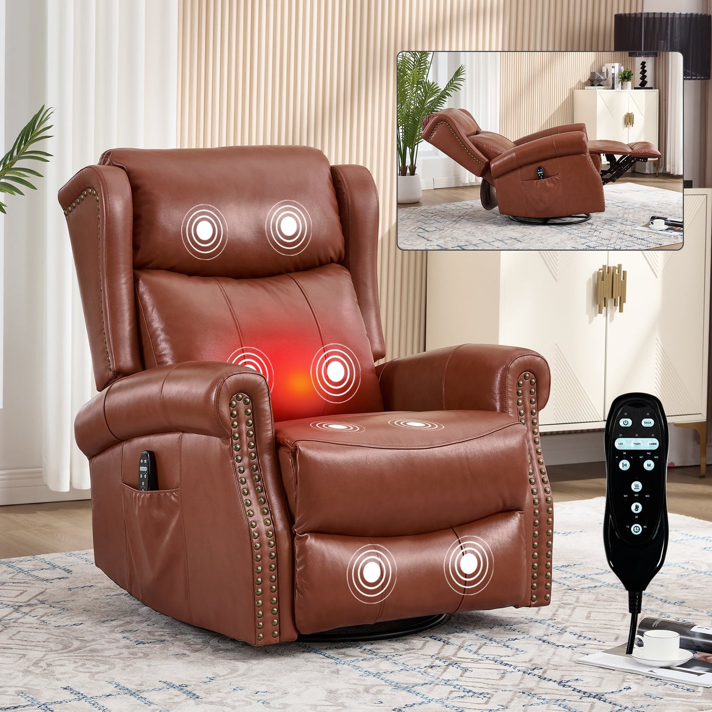 Heat Massage Manual Recliner Chair with Rocker and Swivel in Genuine leather for Living Room, Red - 1st Choice Furniture Direct