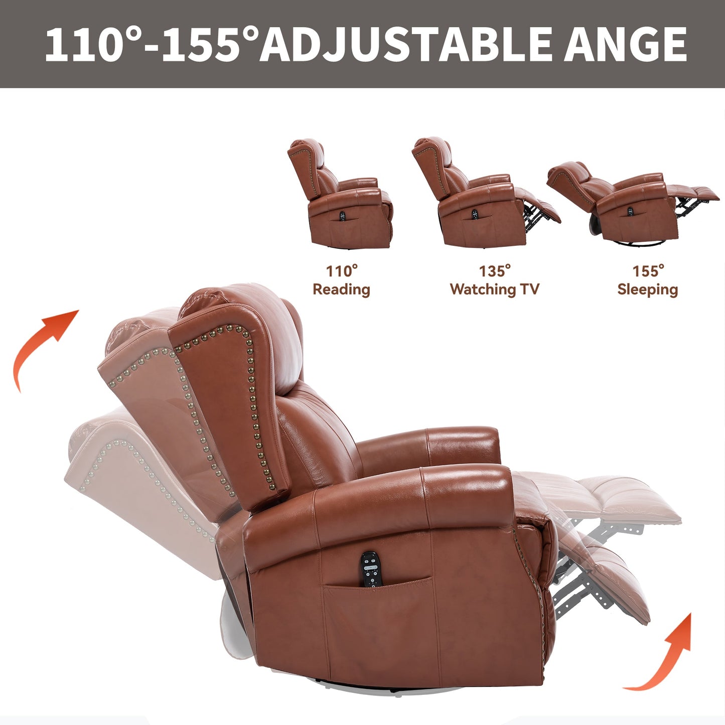 Heat Massage Manual Recliner Chair with Rocker and Swivel in Genuine leather for Living Room, Red - 1st Choice Furniture Direct