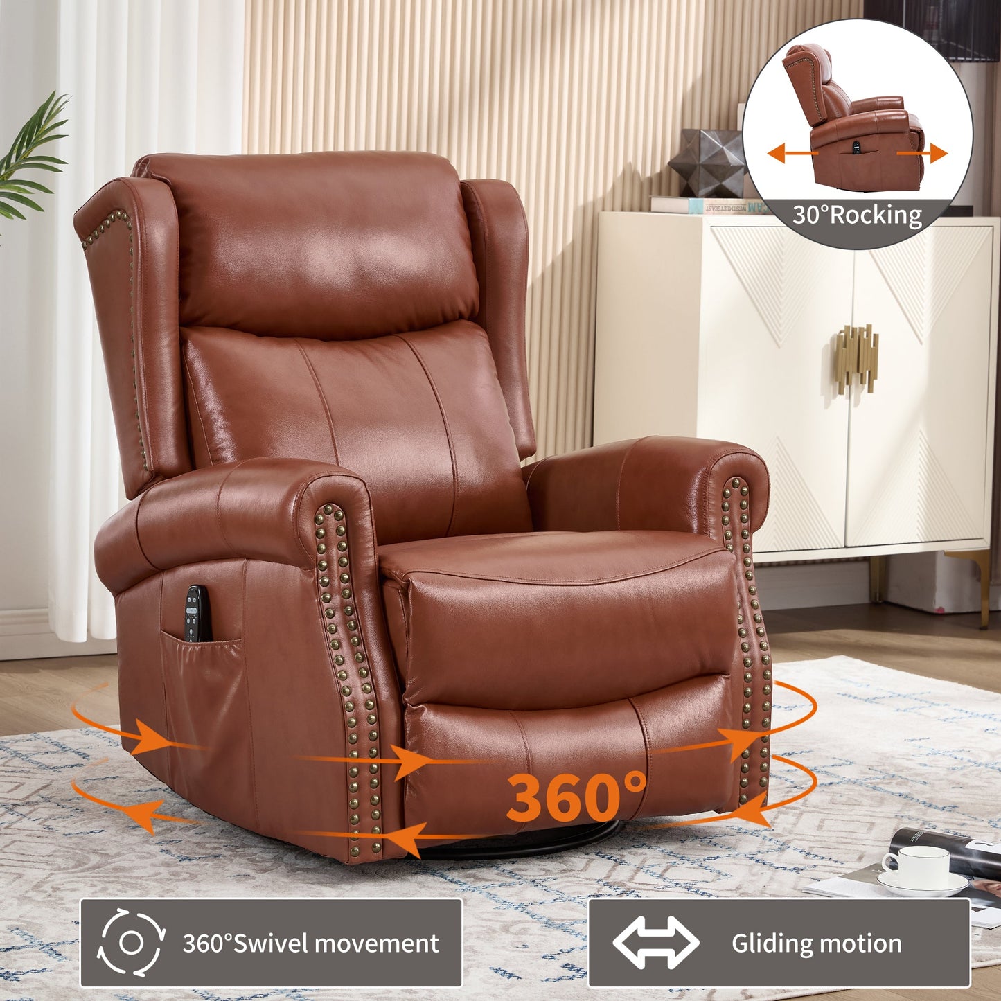 Heat Massage Manual Recliner Chair with Rocker and Swivel in Genuine leather for Living Room, Red - 1st Choice Furniture Direct