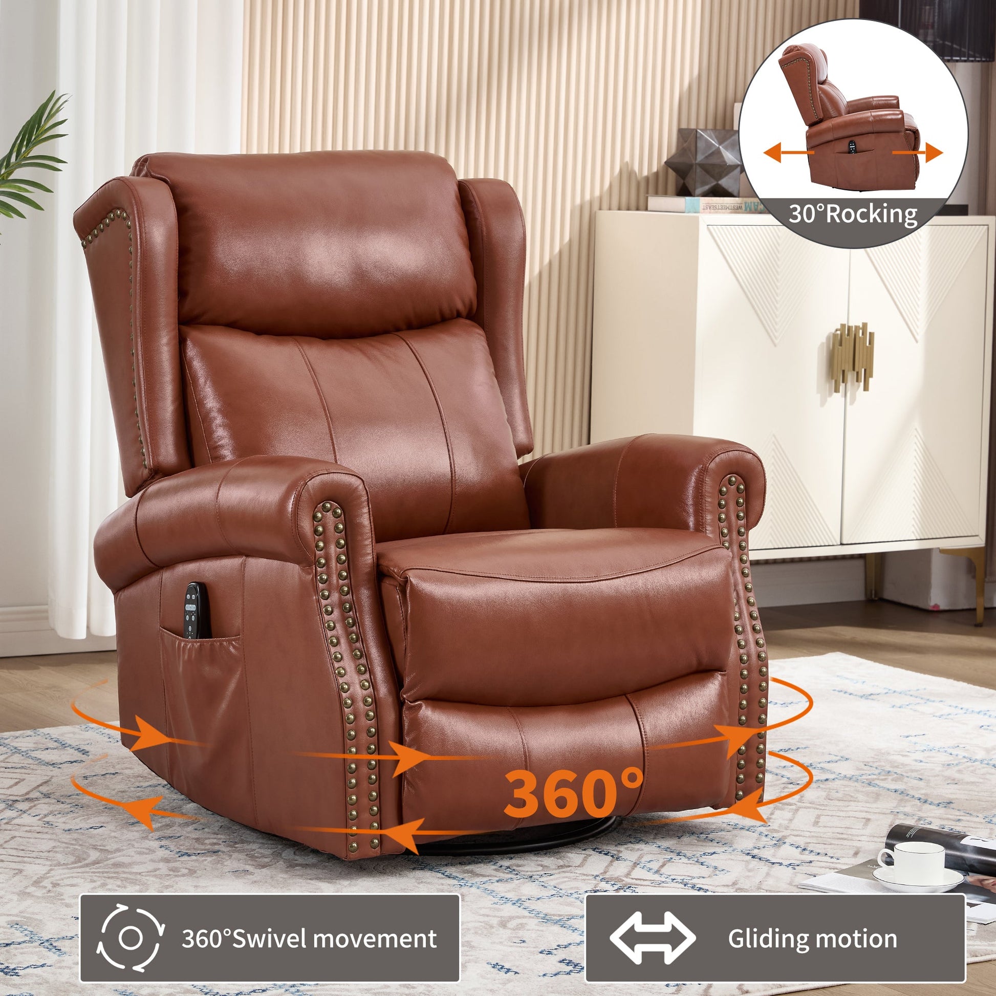 Heat Massage Manual Recliner Chair with Rocker and Swivel in Genuine leather for Living Room, Red - 1st Choice Furniture Direct