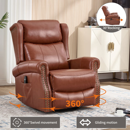 Heat Massage Manual Recliner Chair with Rocker and Swivel in Genuine leather for Living Room, Red - 1st Choice Furniture Direct