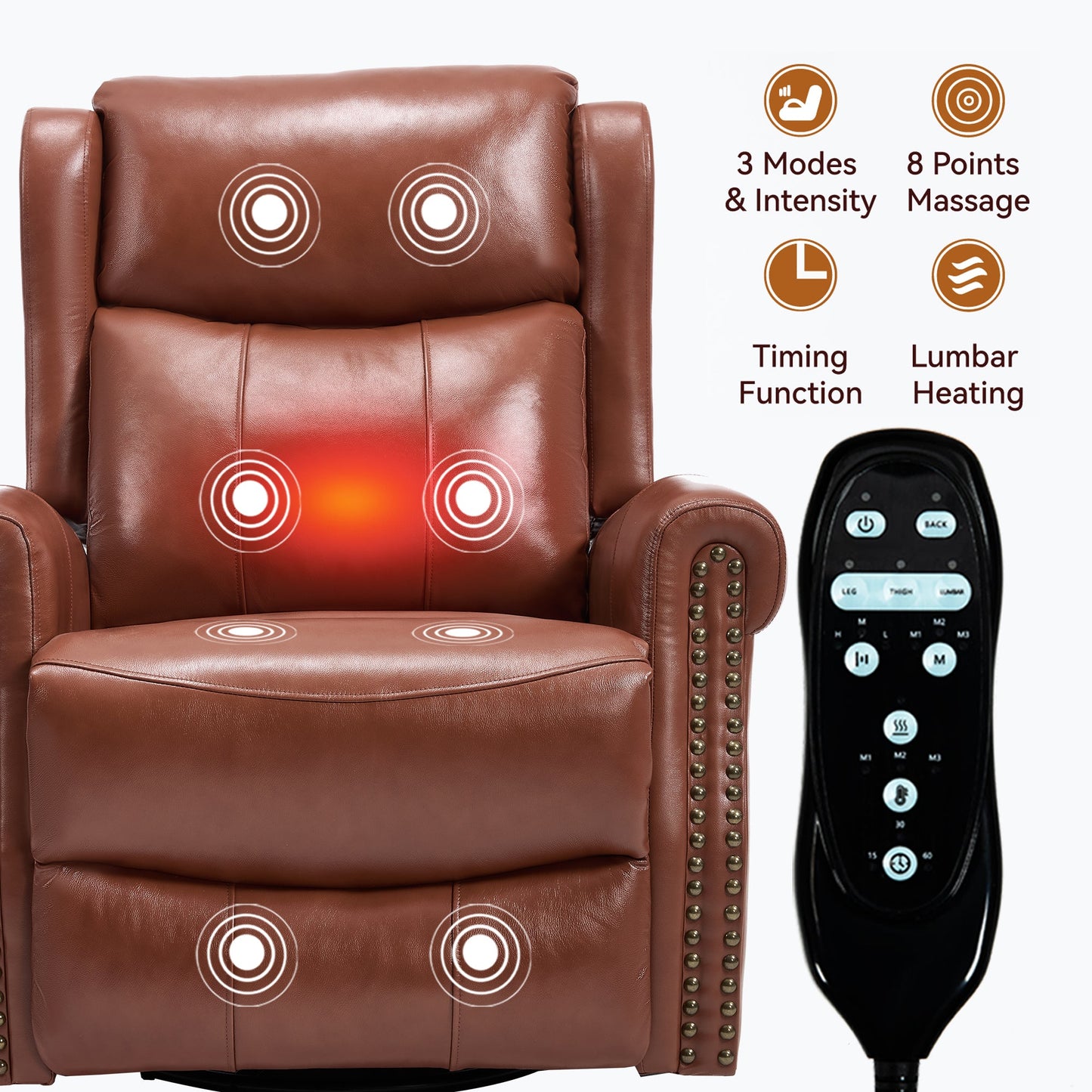 Heat Massage Manual Recliner Chair with Rocker and Swivel in Genuine leather for Living Room, Red - 1st Choice Furniture Direct