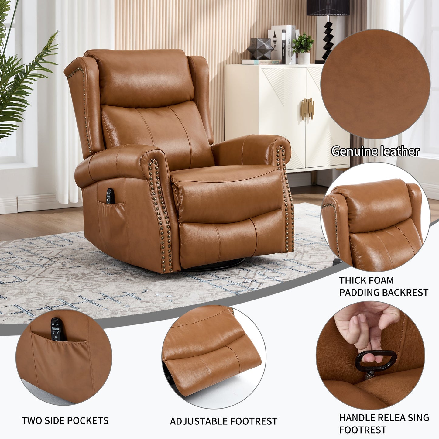 Heat Massage Manual Recliner Chair with Rocker and Swivel in Genuine leather for Living Room, Yellow - 1st Choice Furniture Direct