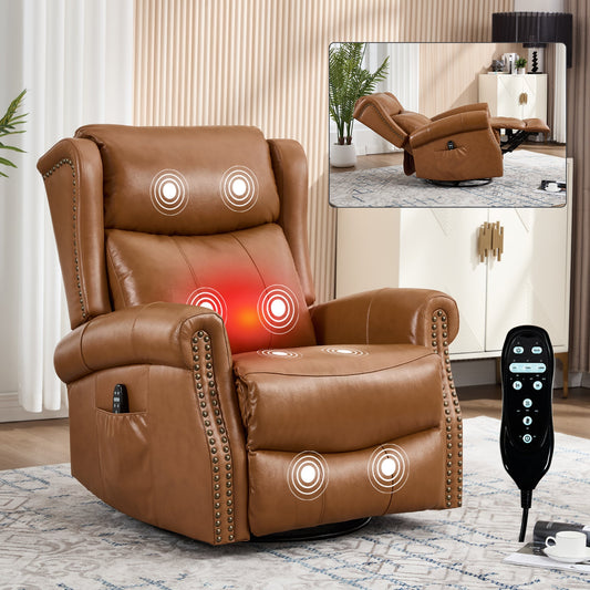 Heat Massage Manual Recliner Chair with Rocker and Swivel in Genuine leather for Living Room, Yellow - 1st Choice Furniture Direct