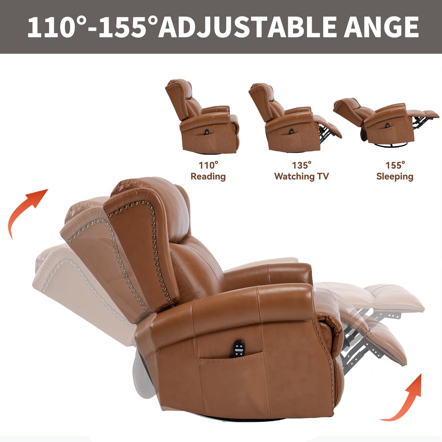 Heat Massage Manual Recliner Chair with Rocker and Swivel in Genuine leather for Living Room, Yellow - 1st Choice Furniture Direct