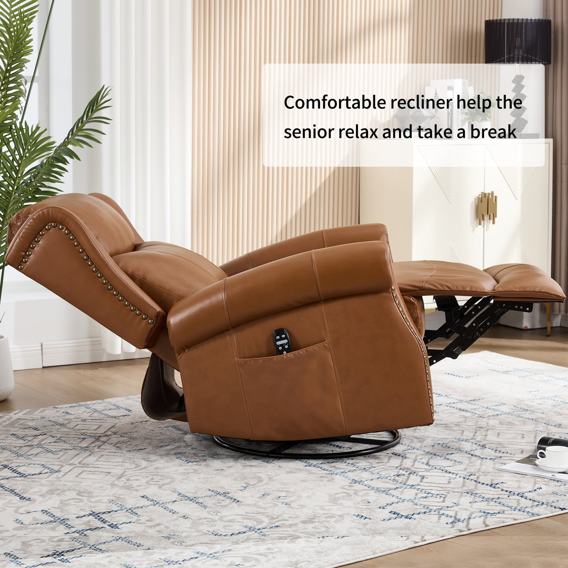 Heat Massage Manual Recliner Chair with Rocker and Swivel in Genuine leather for Living Room, Yellow - 1st Choice Furniture Direct