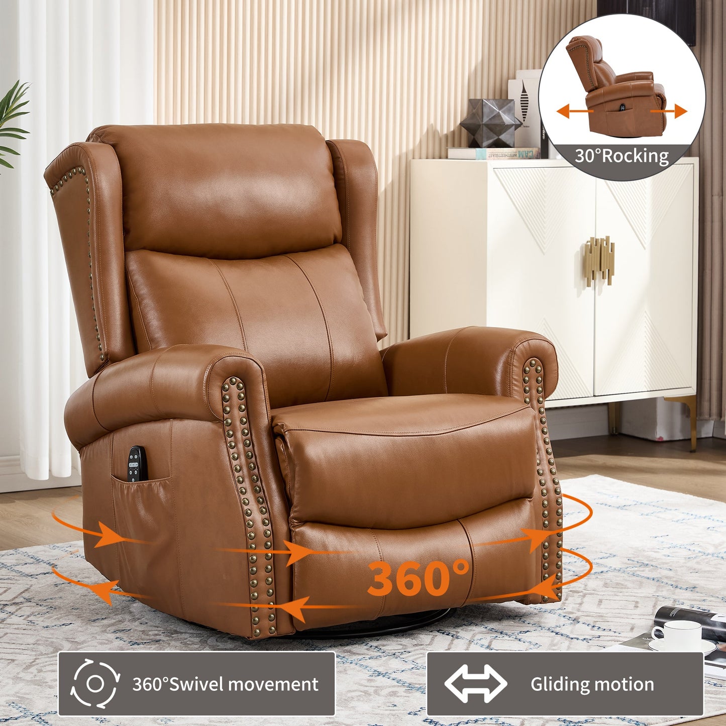 Heat Massage Manual Recliner Chair with Rocker and Swivel in Genuine leather for Living Room, Yellow - 1st Choice Furniture Direct