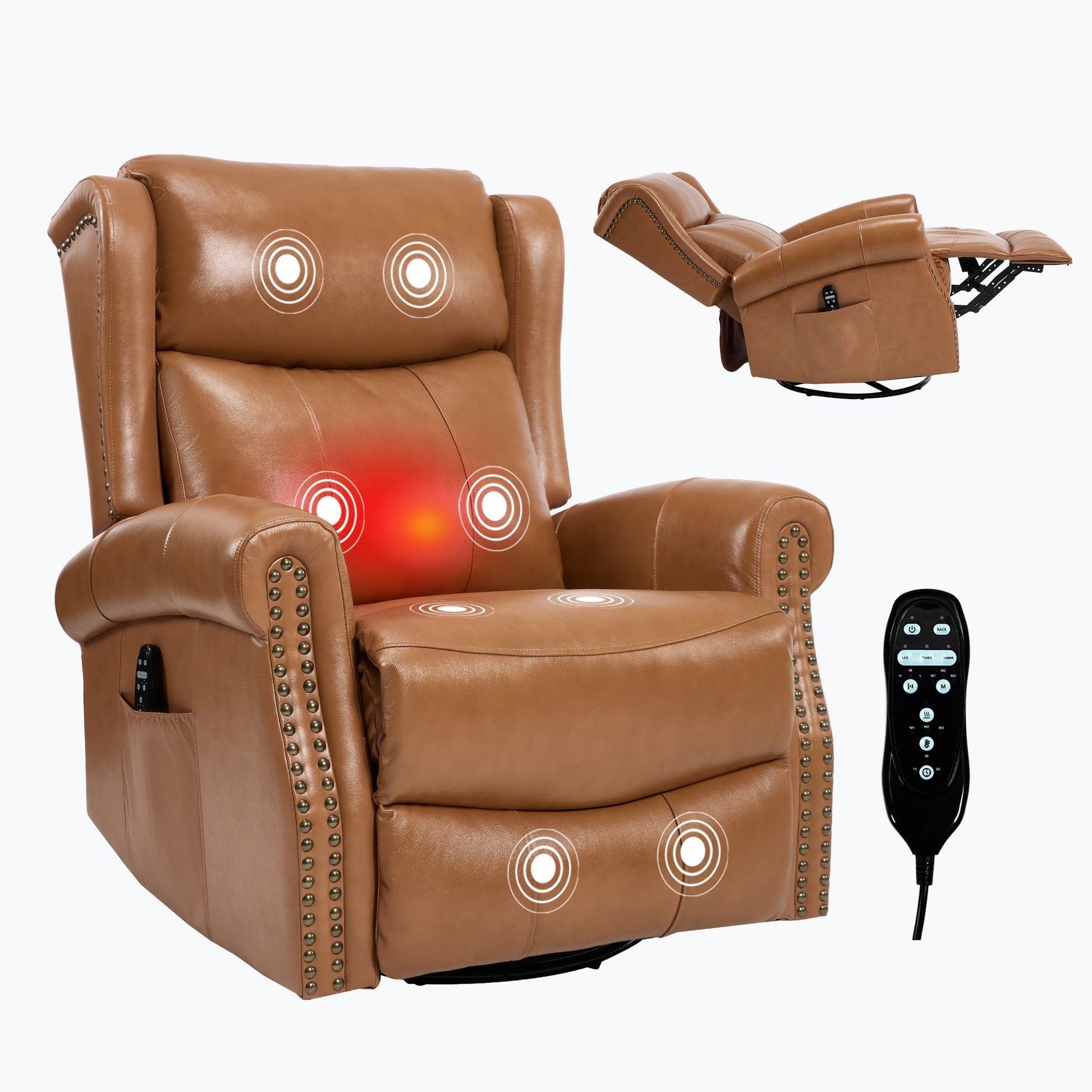 Heat Massage Manual Recliner Chair with Rocker and Swivel in Genuine leather for Living Room, Yellow - 1st Choice Furniture Direct