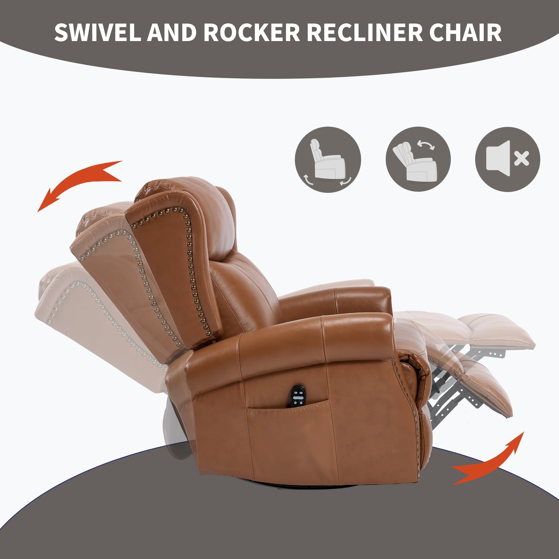 Heat Massage Manual Recliner Chair with Rocker and Swivel in Genuine leather for Living Room, Yellow - 1st Choice Furniture Direct