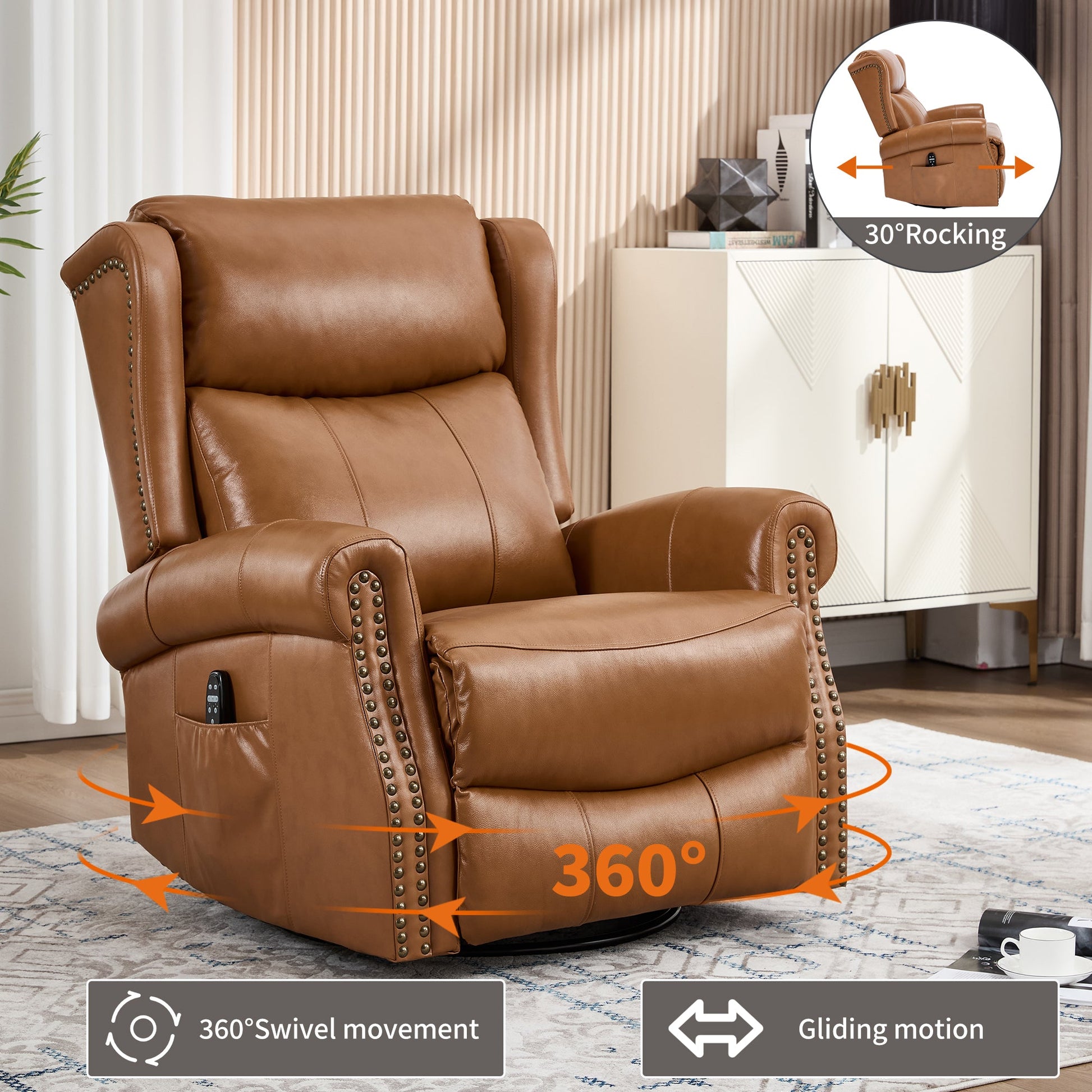 Heat Massage Manual Recliner Chair with Rocker and Swivel in Genuine leather for Living Room, Yellow - 1st Choice Furniture Direct