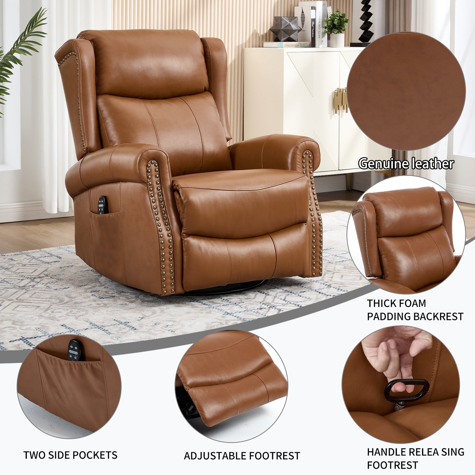 Heat Massage Manual Recliner Chair with Rocker and Swivel in Genuine leather for Living Room, Yellow - 1st Choice Furniture Direct