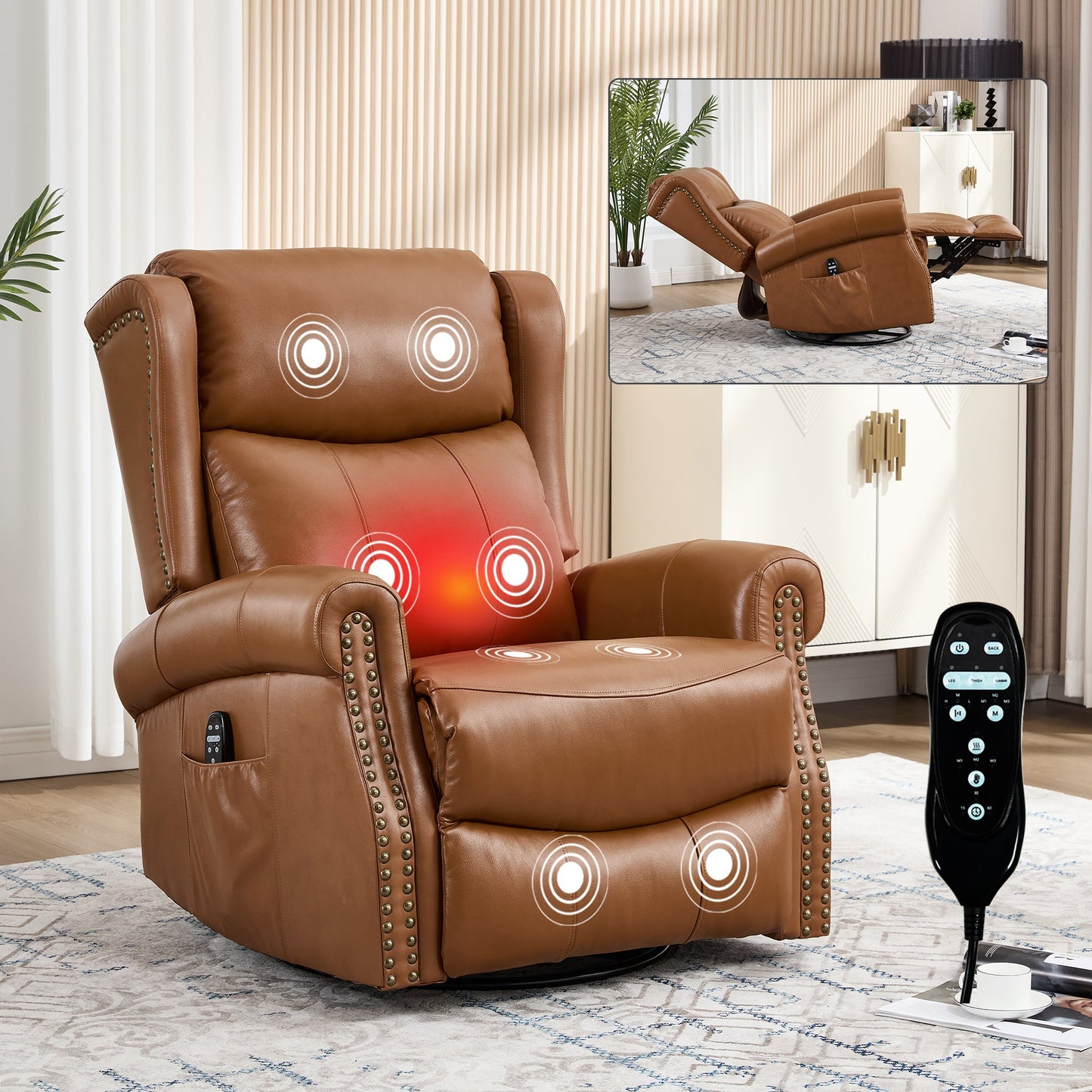 Heat Massage Manual Recliner Chair with Rocker and Swivel in Genuine leather for Living Room, Yellow - 1st Choice Furniture Direct