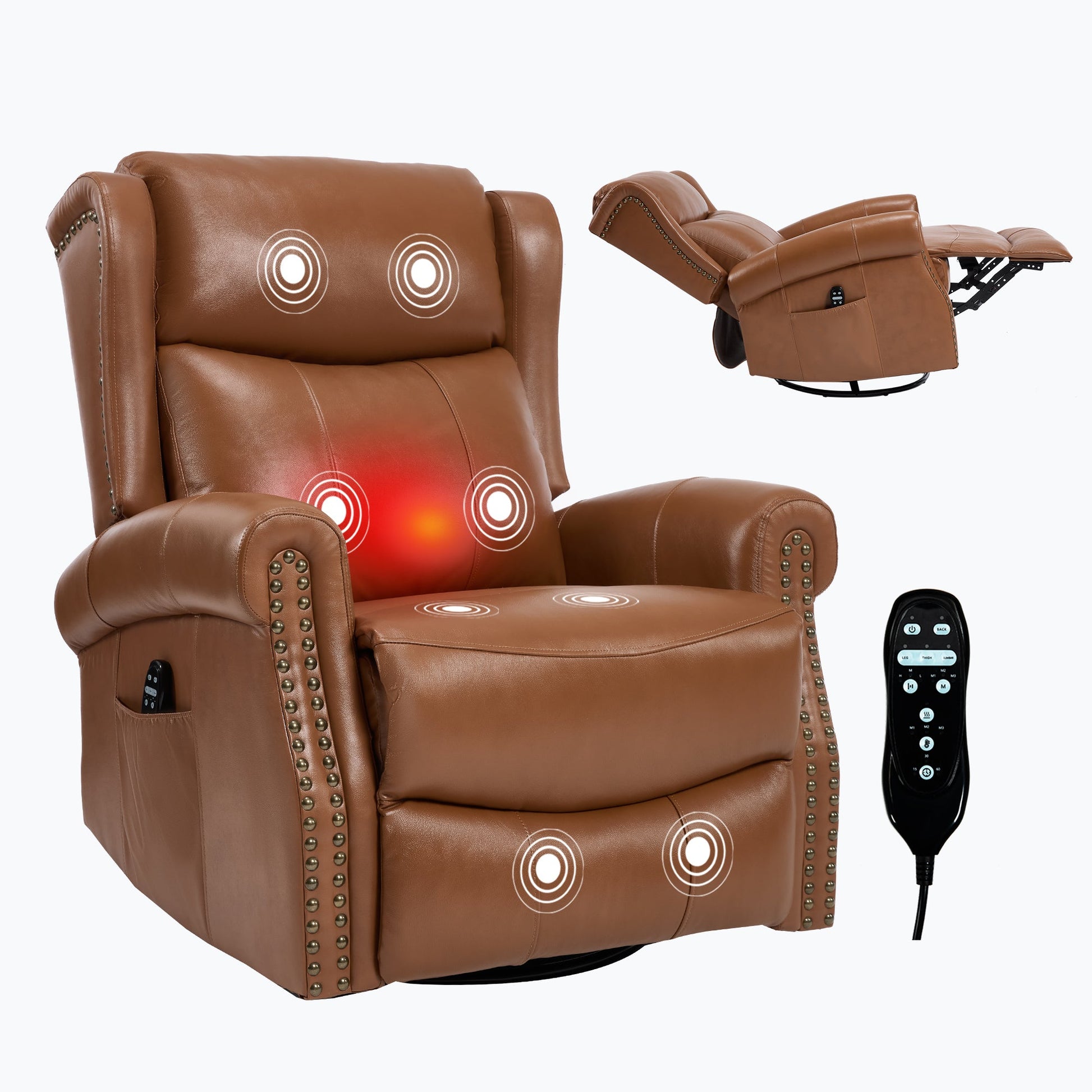 Heat Massage Manual Recliner Chair with Rocker and Swivel in Genuine leather for Living Room, Yellow - 1st Choice Furniture Direct