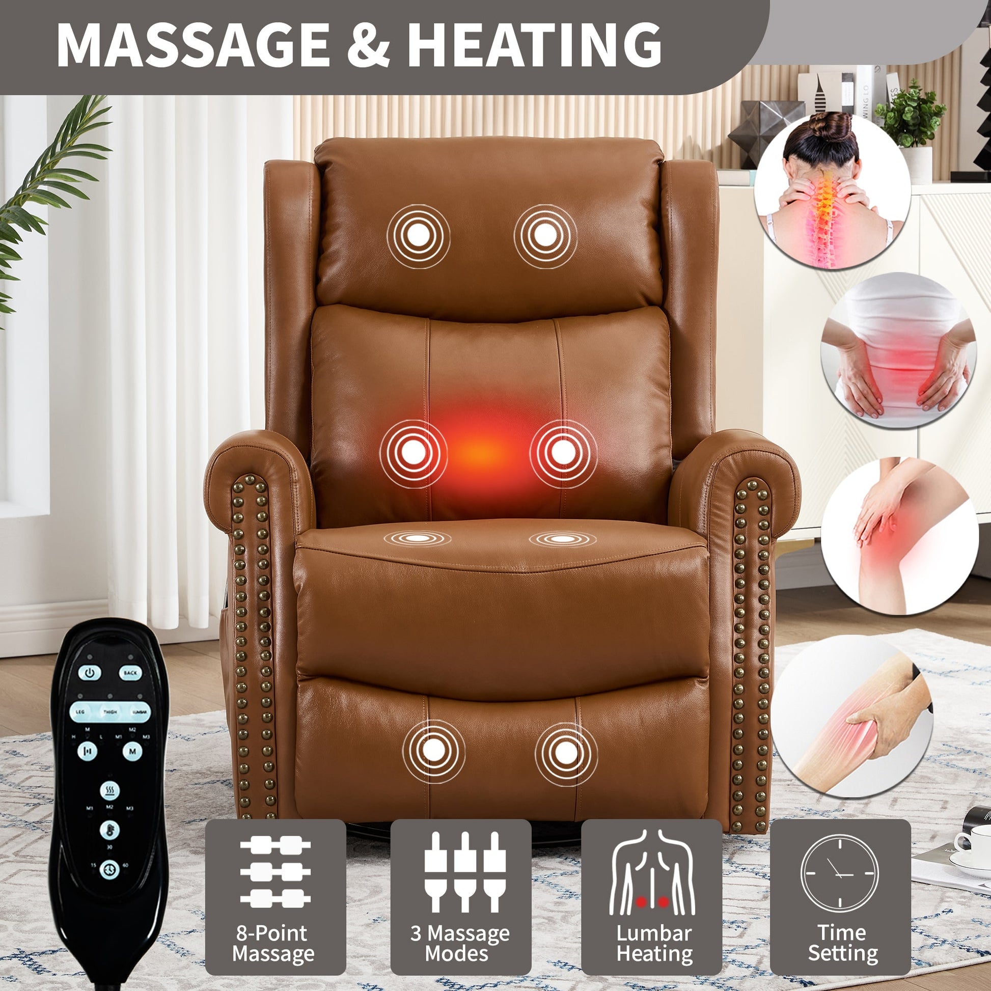 Heat Massage Manual Recliner Chair with Rocker and Swivel in Genuine leather for Living Room, Yellow - 1st Choice Furniture Direct