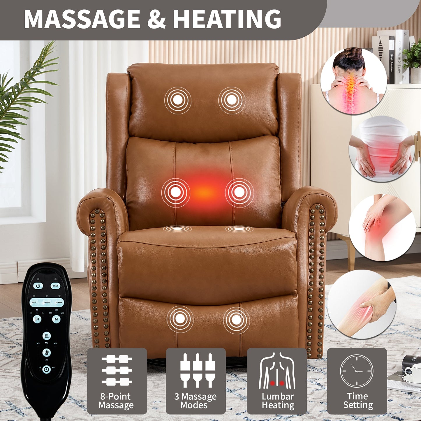 Heat Massage Manual Recliner Chair with Rocker and Swivel in Genuine leather for Living Room, Yellow - 1st Choice Furniture Direct