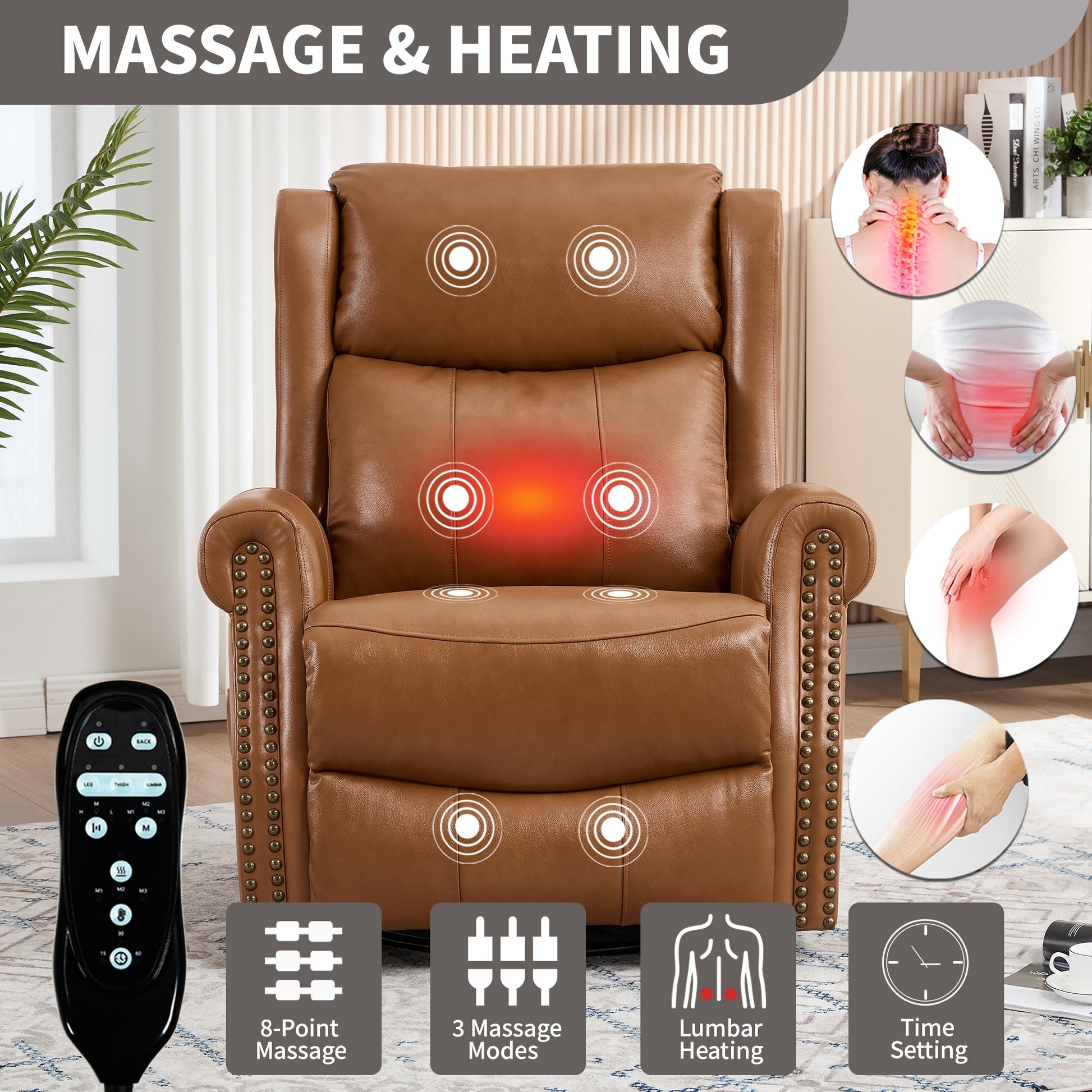 Heat Massage Manual Recliner Chair with Rocker and Swivel in Genuine leather for Living Room, Yellow - 1st Choice Furniture Direct