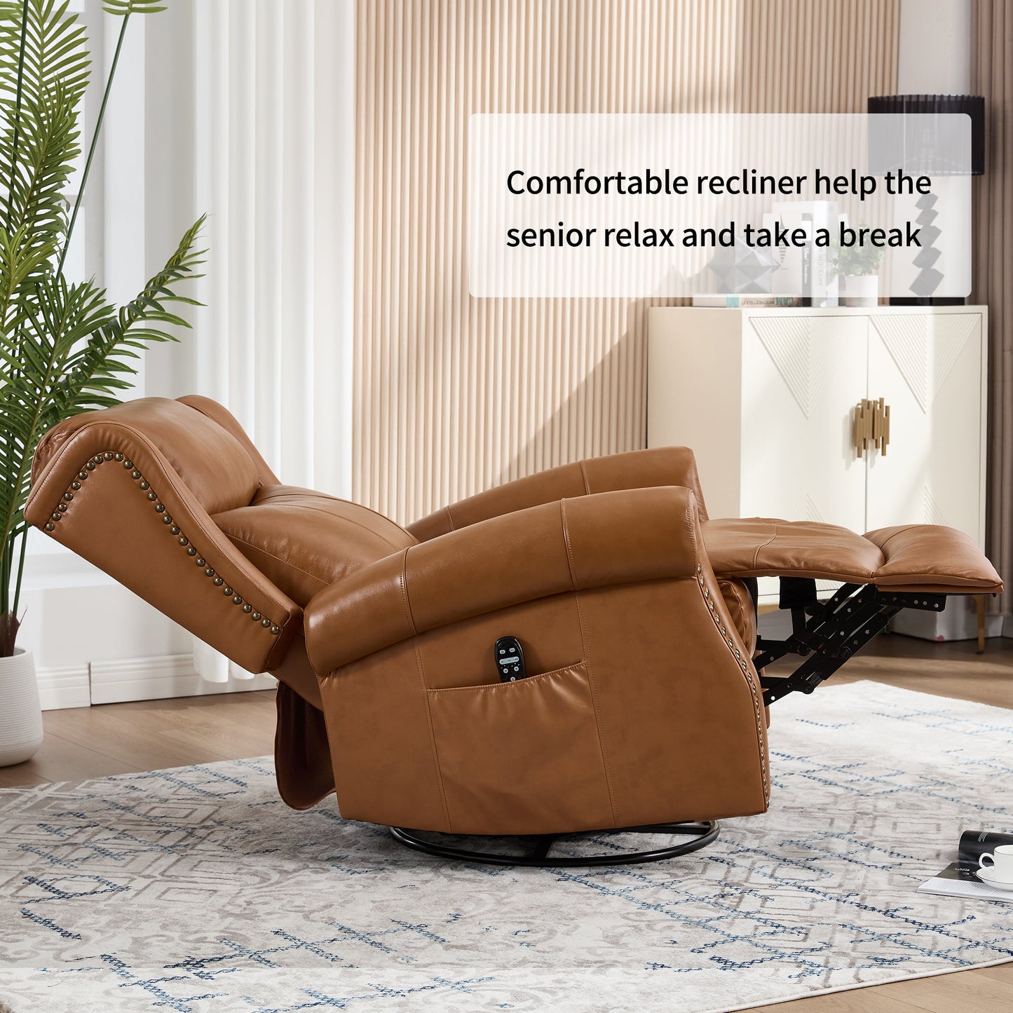 Heat Massage Manual Recliner Chair with Rocker and Swivel in Genuine leather for Living Room, Yellow - 1st Choice Furniture Direct