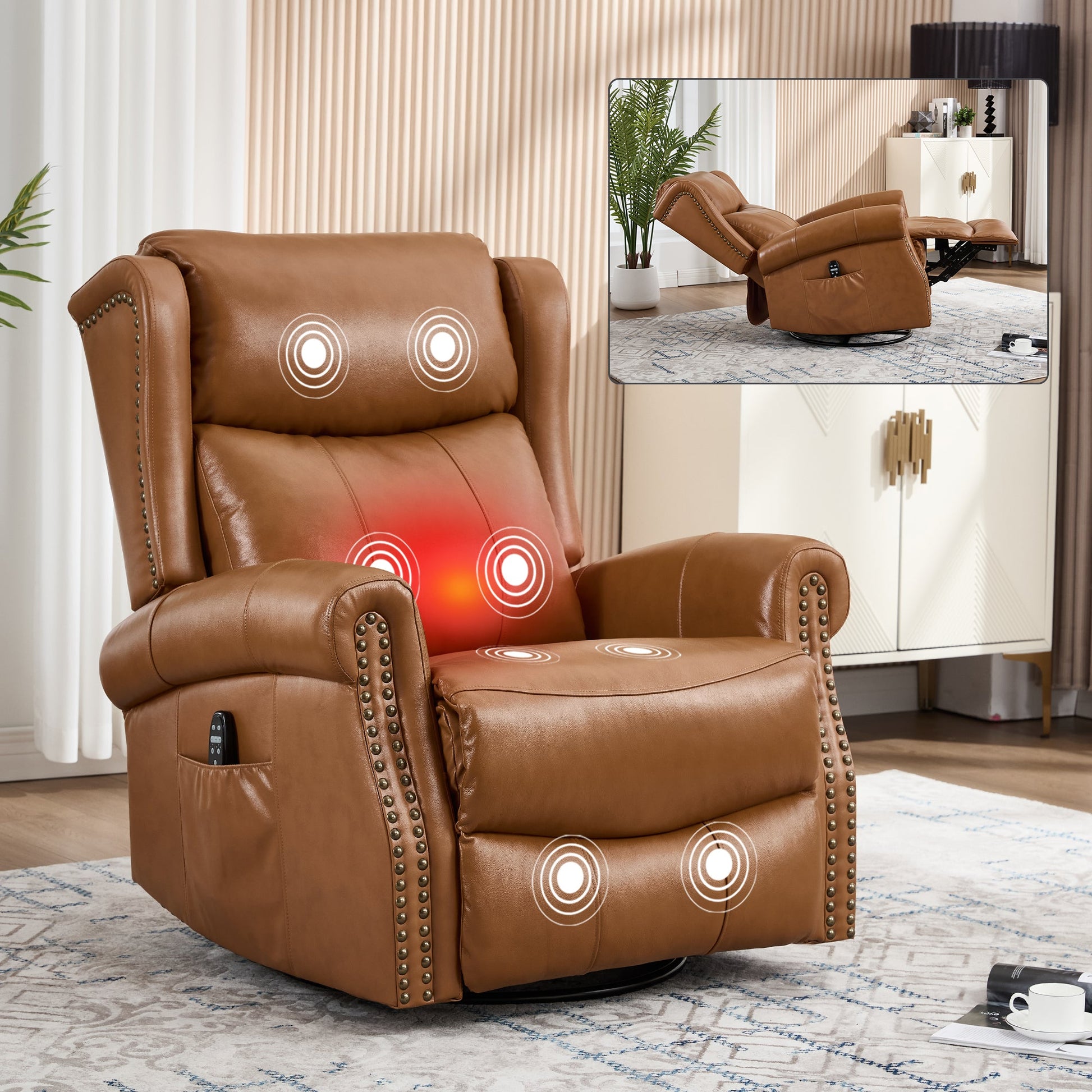 Heat Massage Manual Recliner Chair with Rocker and Swivel in Genuine leather for Living Room, Yellow - 1st Choice Furniture Direct