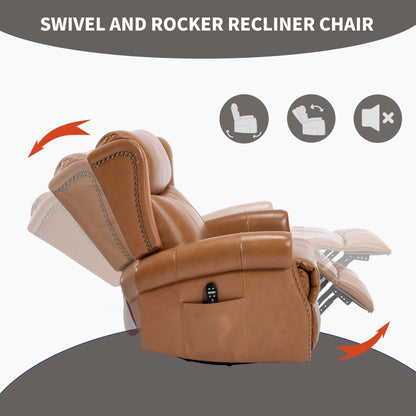 Heat Massage Manual Recliner Chair with Rocker and Swivel in Genuine leather for Living Room, Yellow - 1st Choice Furniture Direct