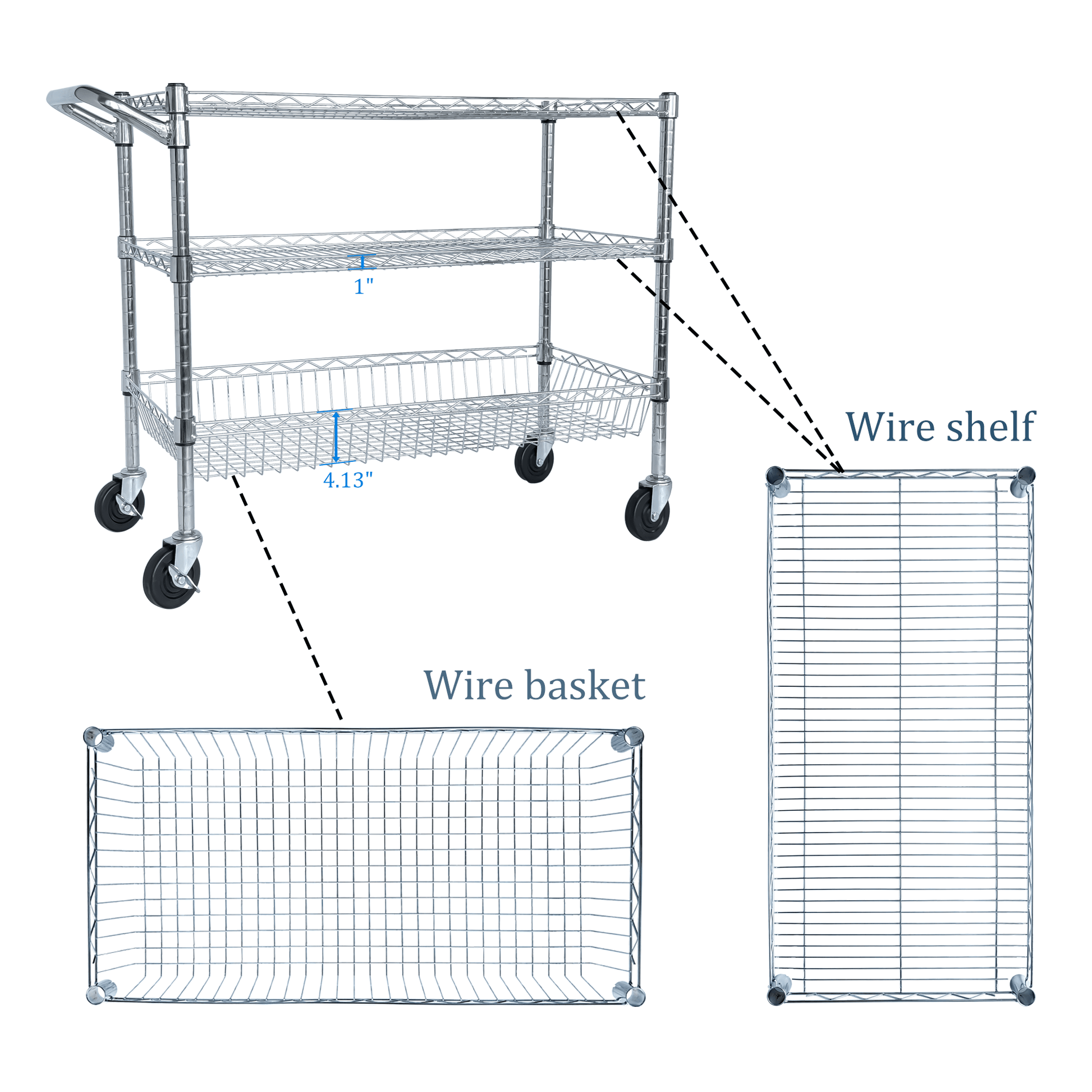 Heavy Duty Rolling Utility Cart,3 Tier Rolling Carts with Wheels,with Handle Bar & Shelf Liners,36'x18'x32'Storage Cart for Kitchen,Restaurant,Plant Display,Chrome - 1st Choice Furniture Direct