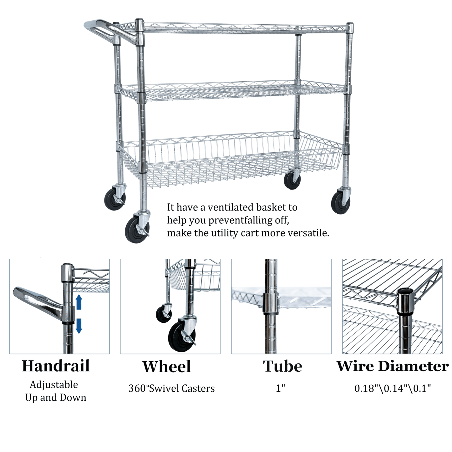 Heavy Duty Rolling Utility Cart,3 Tier Rolling Carts with Wheels,with Handle Bar & Shelf Liners,36'x18'x32'Storage Cart for Kitchen,Restaurant,Plant Display,Chrome - 1st Choice Furniture Direct