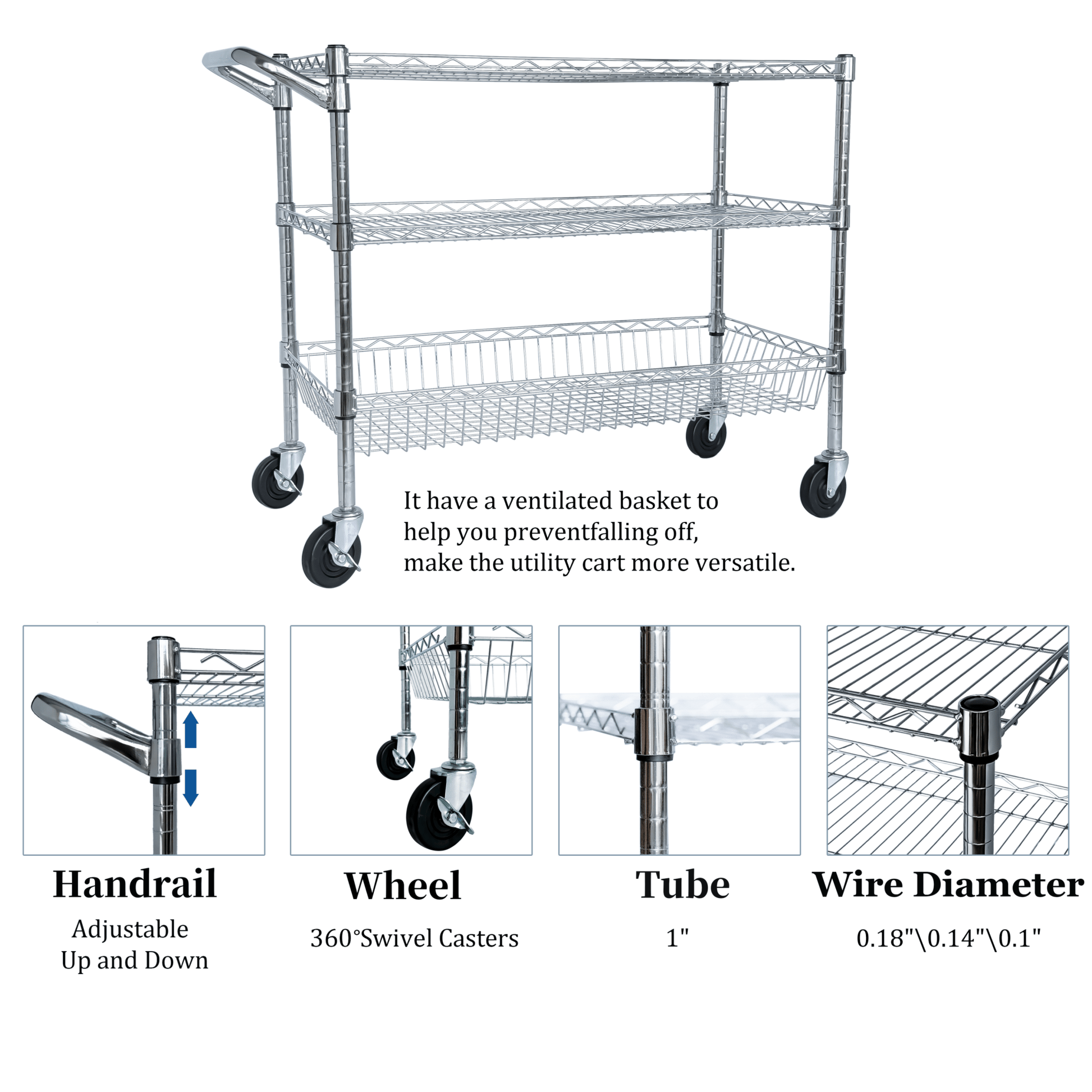 Heavy Duty Rolling Utility Cart,3 Tier Rolling Carts with Wheels,with Handle Bar & Shelf Liners,36'x18'x32'Storage Cart for Kitchen,Restaurant,Plant Display,Chrome - 1st Choice Furniture Direct