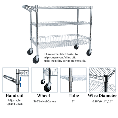 Heavy Duty Rolling Utility Cart,3 Tier Rolling Carts with Wheels,with Handle Bar & Shelf Liners,36'x18'x32'Storage Cart for Kitchen,Restaurant,Plant Display,Chrome - 1st Choice Furniture Direct