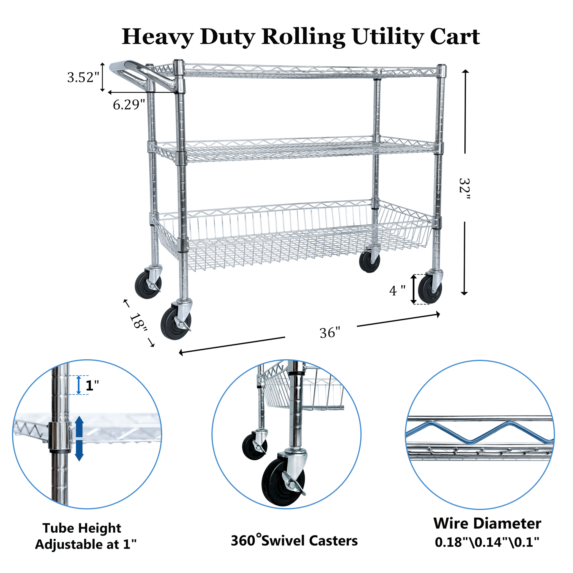Heavy Duty Rolling Utility Cart,3 Tier Rolling Carts with Wheels,with Handle Bar & Shelf Liners,36'x18'x32'Storage Cart for Kitchen,Restaurant,Plant Display,Chrome - 1st Choice Furniture Direct