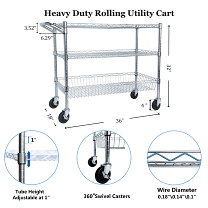 Heavy Duty Rolling Utility Cart,3 Tier Rolling Carts with Wheels,with Handle Bar & Shelf Liners,36'x18'x32'Storage Cart for Kitchen,Restaurant,Plant Display,Chrome - 1st Choice Furniture Direct