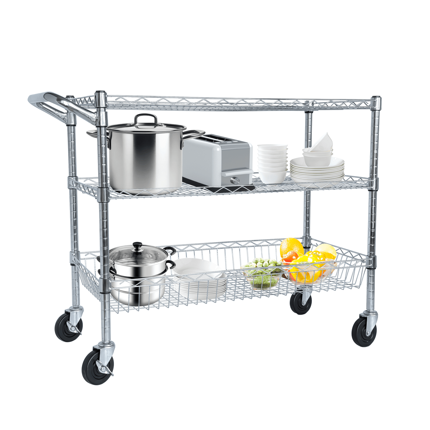 Heavy Duty Rolling Utility Cart,3 Tier Rolling Carts with Wheels,with Handle Bar & Shelf Liners,36'x18'x32'Storage Cart for Kitchen,Restaurant,Plant Display,Chrome - 1st Choice Furniture Direct