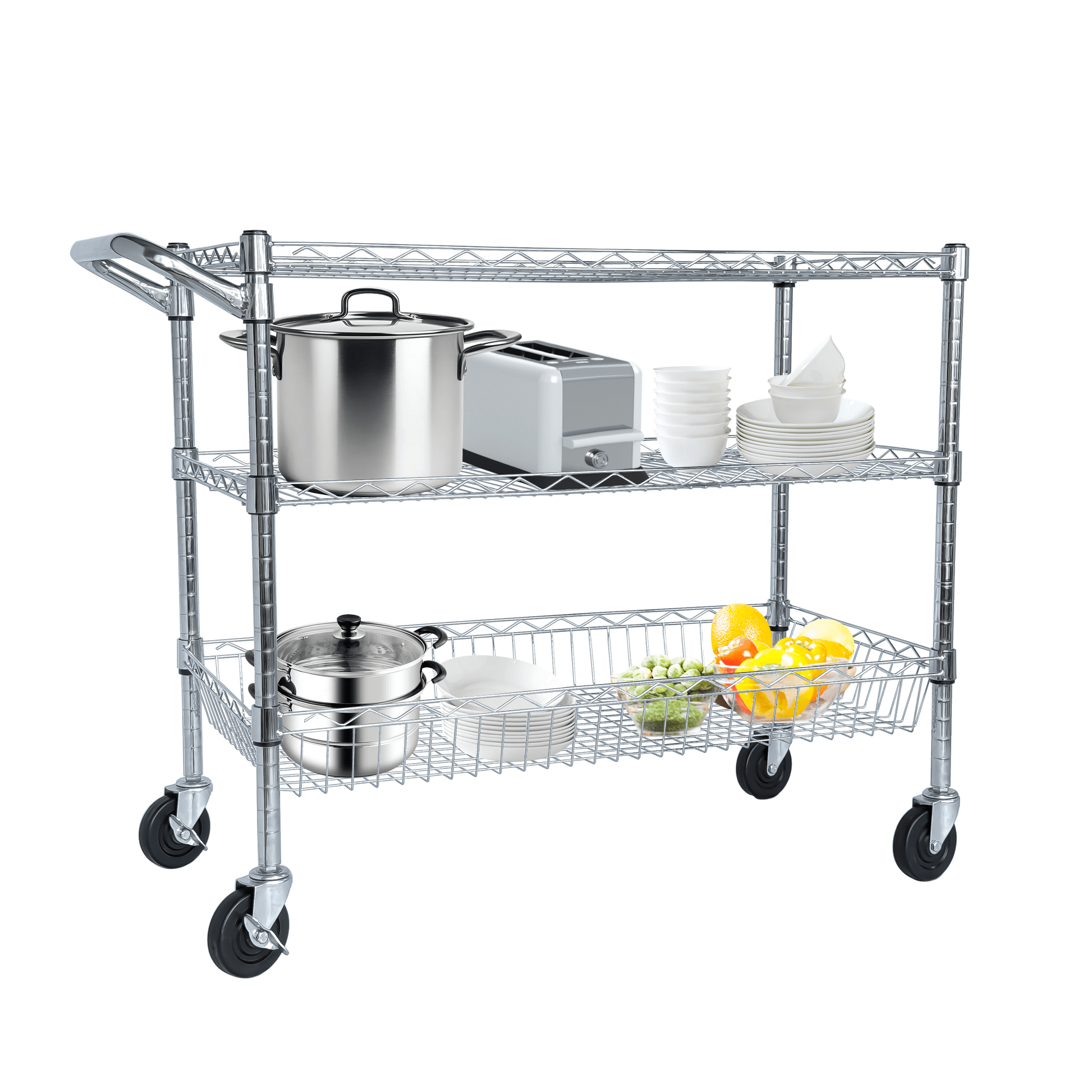 Heavy Duty Rolling Utility Cart,3 Tier Rolling Carts with Wheels,with Handle Bar & Shelf Liners,36'x18'x32'Storage Cart for Kitchen,Restaurant,Plant Display,Chrome - 1st Choice Furniture Direct