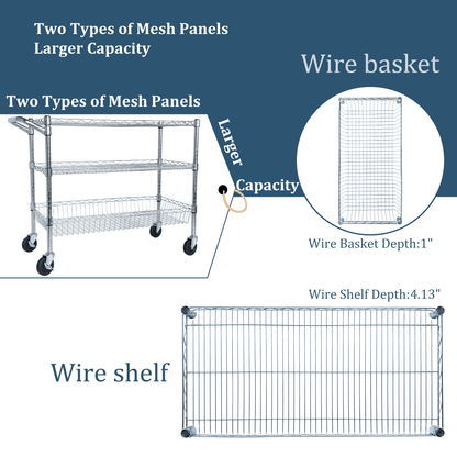 Heavy Duty Rolling Utility Cart,3 Tier Rolling Carts with Wheels,with Handle Bar & Shelf Liners,36'x18'x32'Storage Cart for Kitchen,Restaurant,Plant Display,Chrome - 1st Choice Furniture Direct