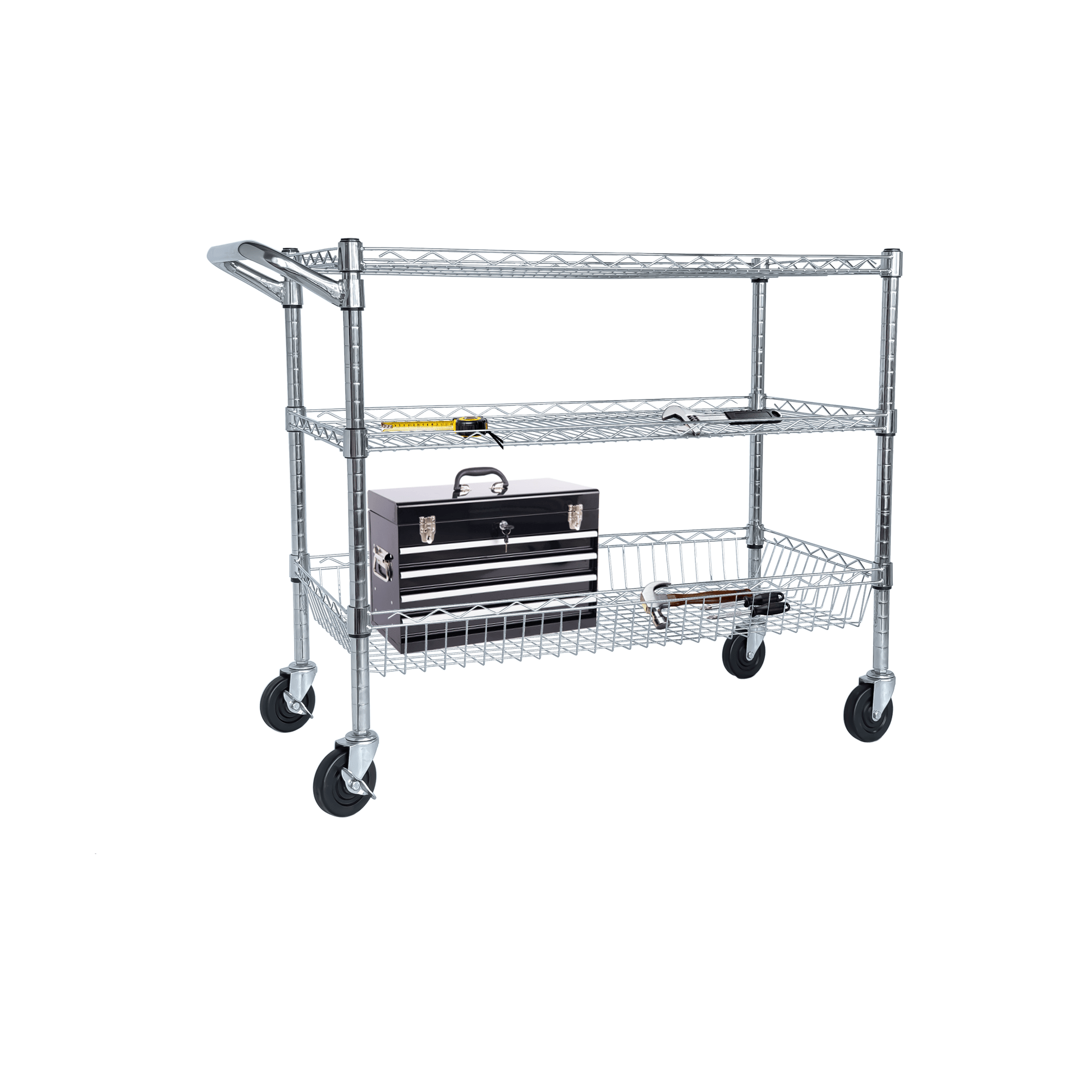 Heavy Duty Rolling Utility Cart,3 Tier Rolling Carts with Wheels,with Handle Bar & Shelf Liners,36'x18'x32'Storage Cart for Kitchen,Restaurant,Plant Display,Chrome - 1st Choice Furniture Direct