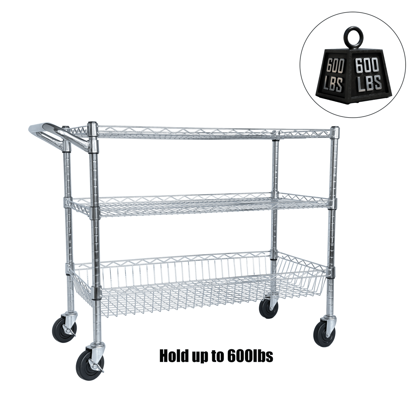 Heavy Duty Rolling Utility Cart,3 Tier Rolling Carts with Wheels,with Handle Bar & Shelf Liners,36'x18'x32'Storage Cart for Kitchen,Restaurant,Plant Display,Chrome - 1st Choice Furniture Direct