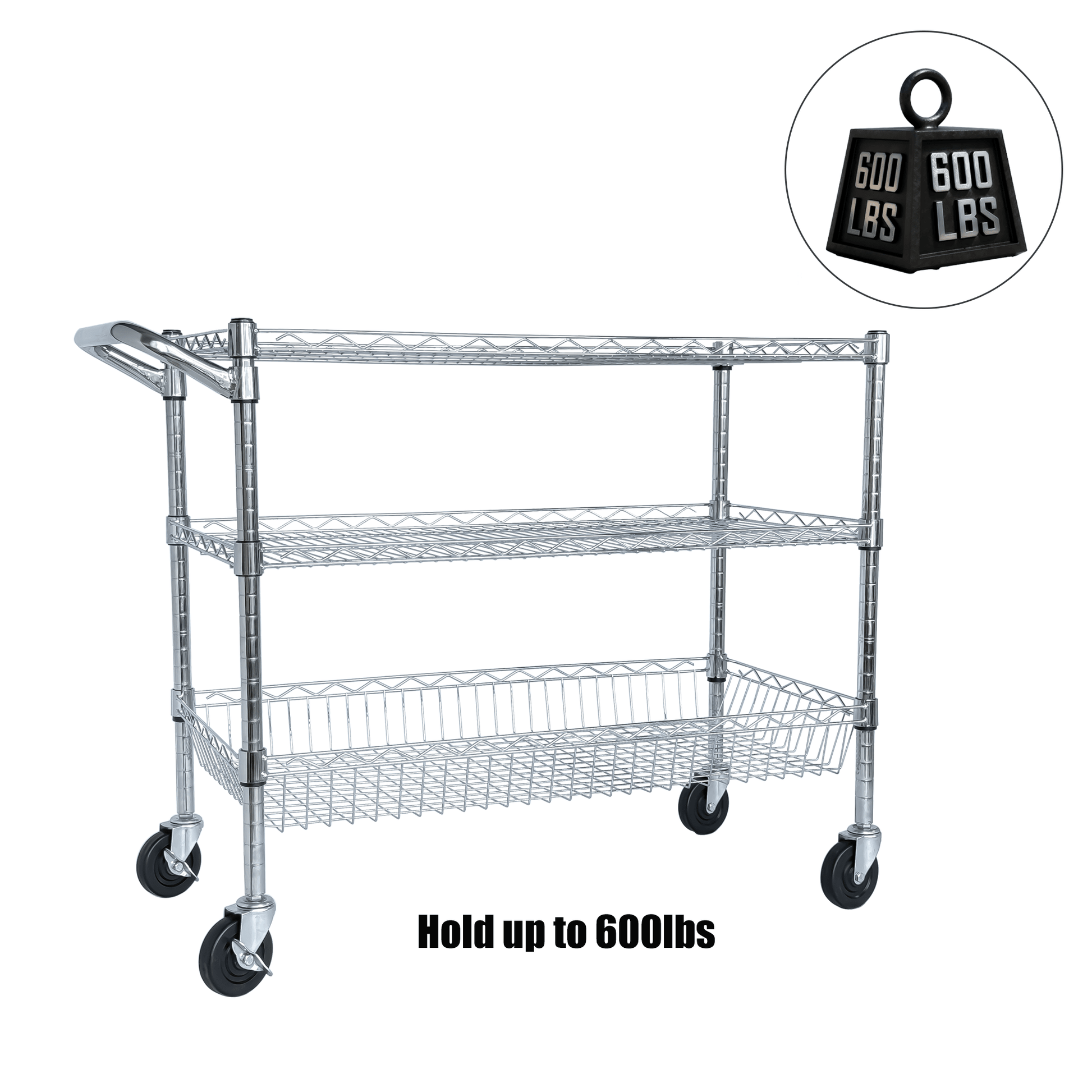 Heavy Duty Rolling Utility Cart,3 Tier Rolling Carts with Wheels,with Handle Bar & Shelf Liners,36'x18'x32'Storage Cart for Kitchen,Restaurant,Plant Display,Chrome - 1st Choice Furniture Direct