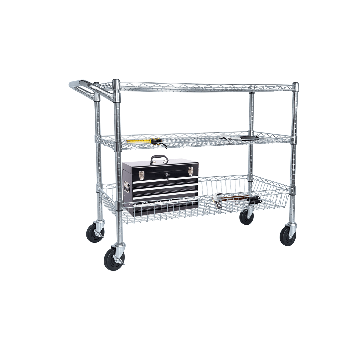 Heavy Duty Rolling Utility Cart,3 Tier Rolling Carts with Wheels,with Handle Bar & Shelf Liners,36'x18'x32'Storage Cart for Kitchen,Restaurant,Plant Display,Chrome - 1st Choice Furniture Direct