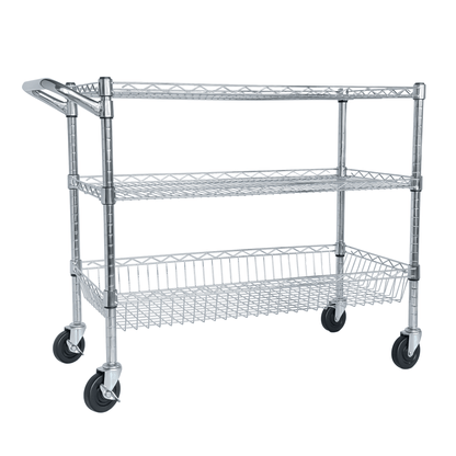 Heavy Duty Rolling Utility Cart,3 Tier Rolling Carts with Wheels,with Handle Bar & Shelf Liners,36'x18'x32'Storage Cart for Kitchen,Restaurant,Plant Display,Chrome - 1st Choice Furniture Direct
