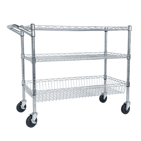 Heavy Duty Rolling Utility Cart,3 Tier Rolling Carts with Wheels,with Handle Bar & Shelf Liners,36'x18'x32'Storage Cart for Kitchen,Restaurant,Plant Display,Chrome - 1st Choice Furniture Direct