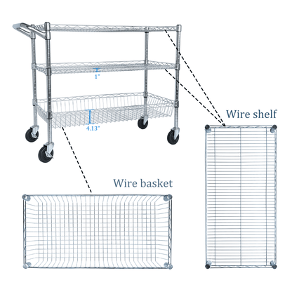 Heavy Duty Rolling Utility Cart,3 Tier Rolling Carts with Wheels,with Handle Bar & Shelf Liners,36'x18'x32'Storage Cart for Kitchen,Restaurant,Plant Display,Chrome - 1st Choice Furniture Direct