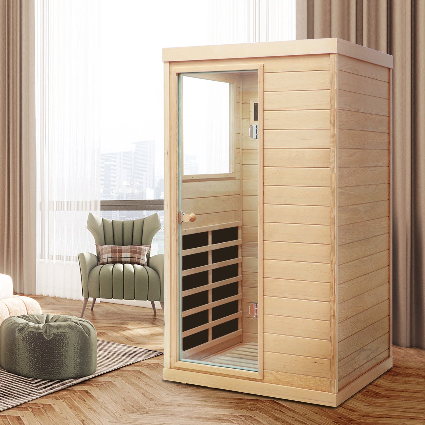 Hemlock Mini One Person Far Infrared Sauna with Left Door, Natural Hemlock Wood, 36.42 x 28.35 x 62.60 inches - 1st Choice Furniture Direct