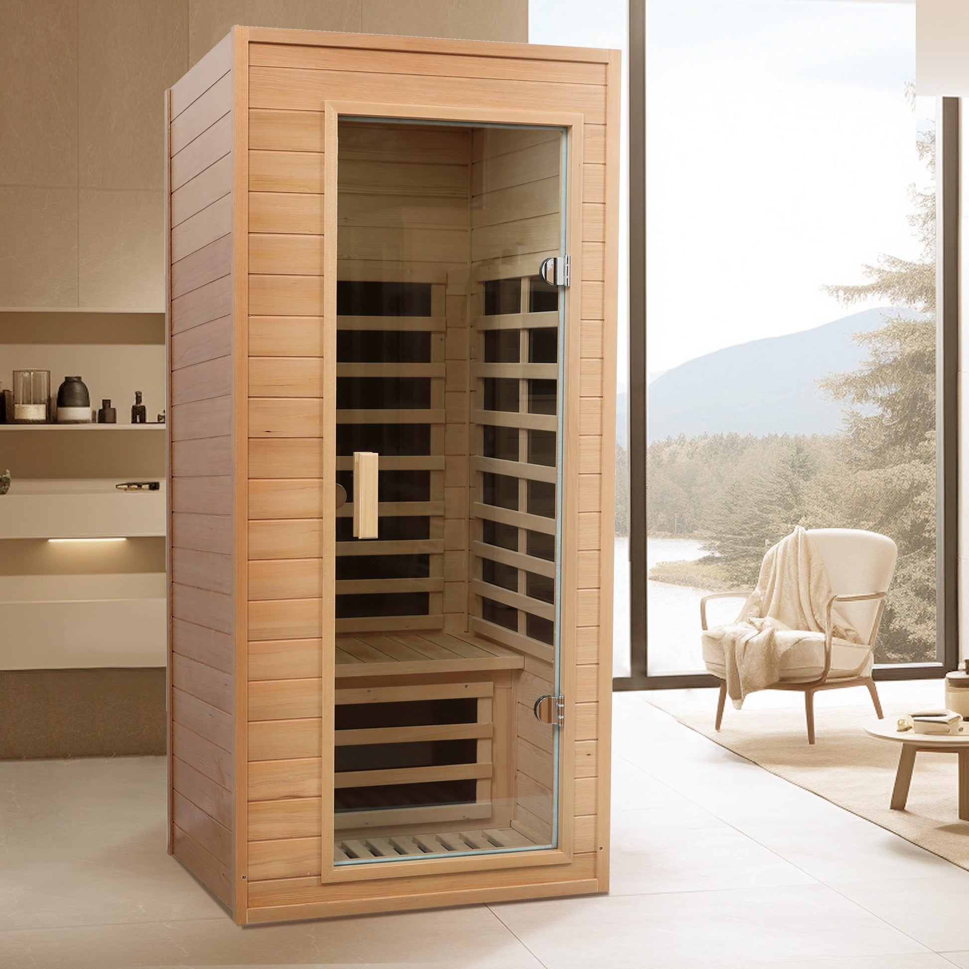 Hemlock One - person Far Infrared Roof Embedded Indoor Sauna Room Natural Hemlock 33.7x33.46x72.83 inches - 1st Choice Furniture Direct