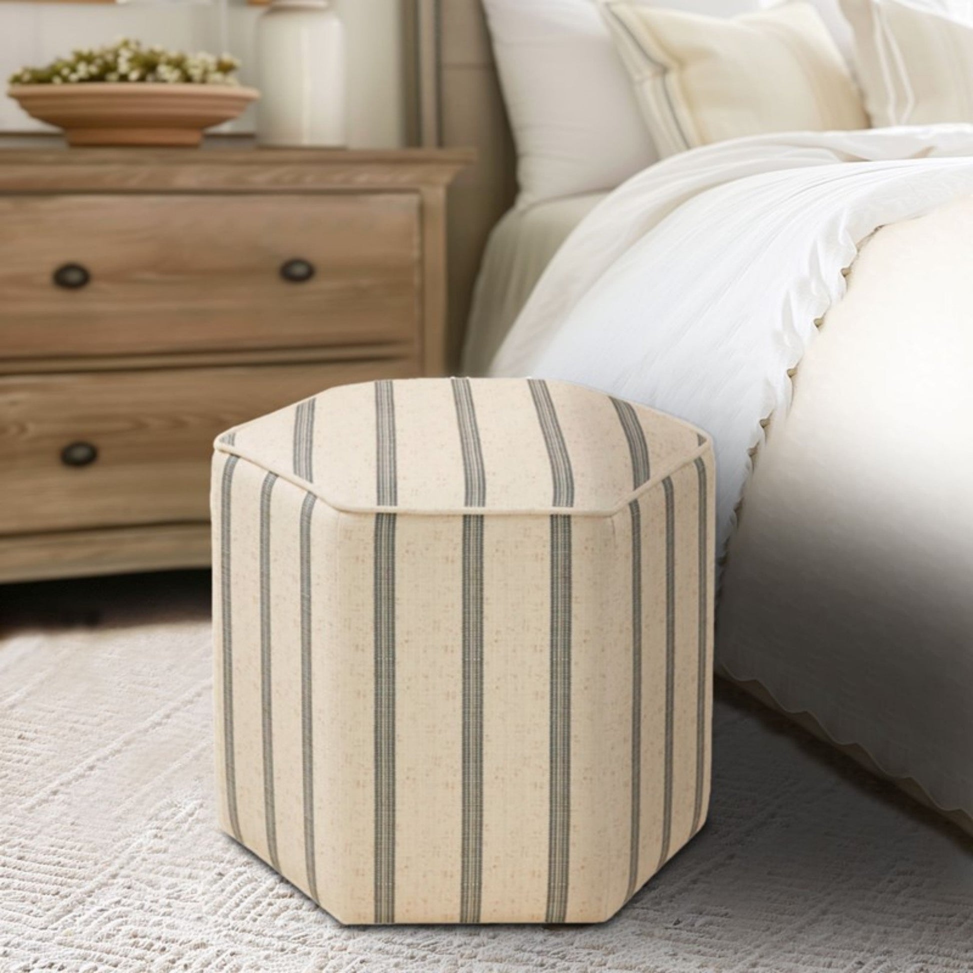 Hexagonal Accent Ottoman with Printed Stripe Upholstery - 1st Choice Furniture Direct