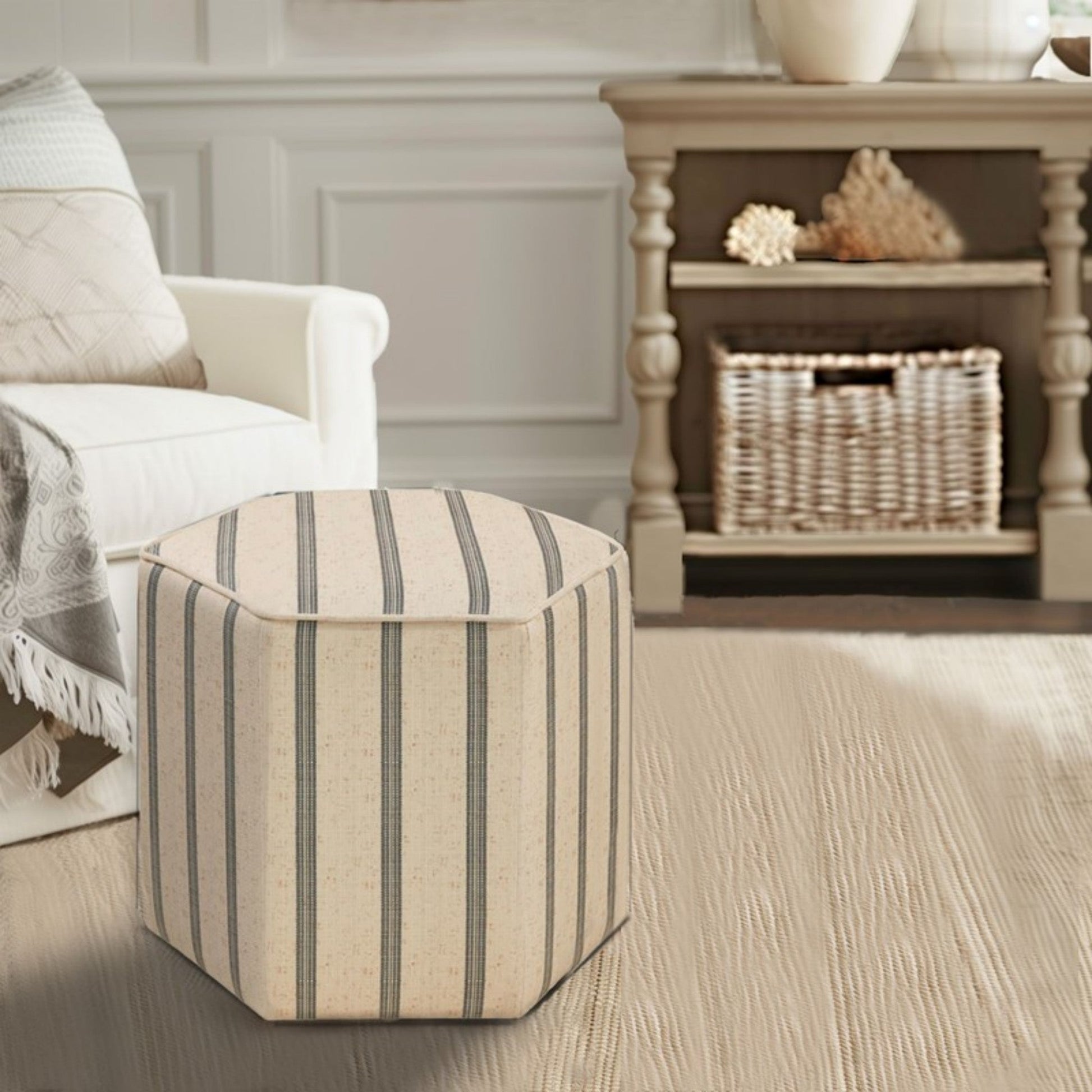 Hexagonal Accent Ottoman with Printed Stripe Upholstery - 1st Choice Furniture Direct